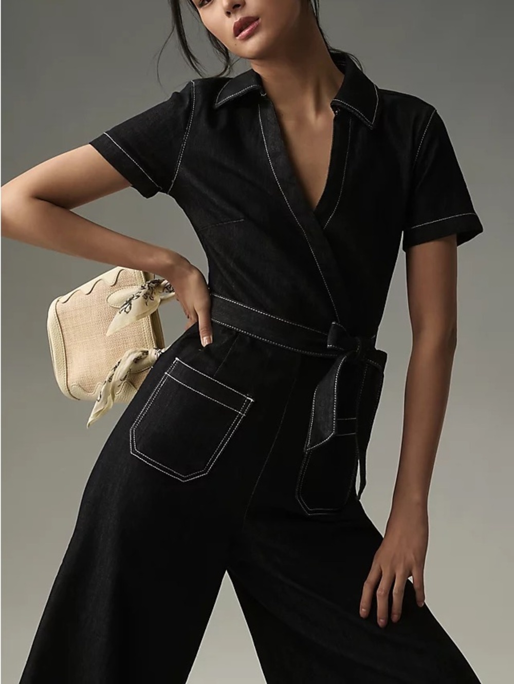 Maeve Denim Short-Sleeve Wrap Utility Jumpsuit with Contrast Stitching